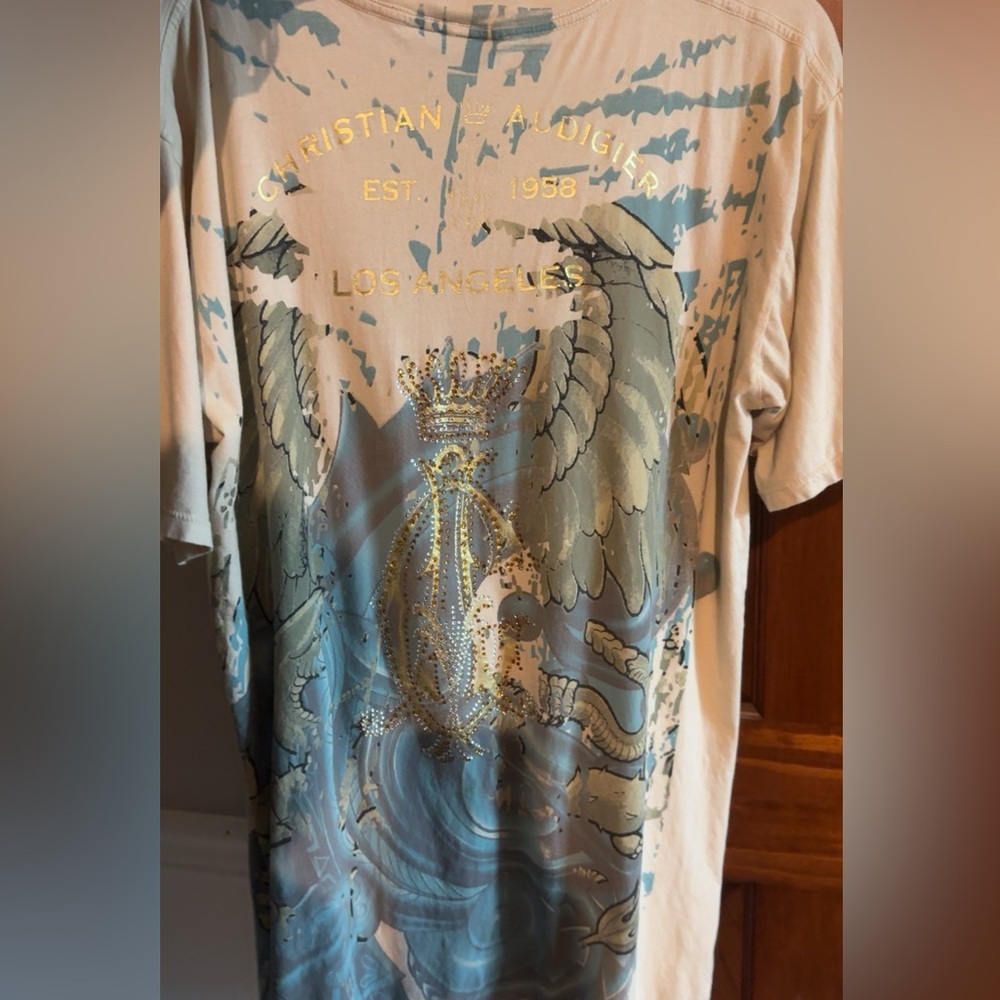 Christian Audigier White Multi-Color Graphic Short Sleeve Tee with Gold Script - Picture 5 of 5